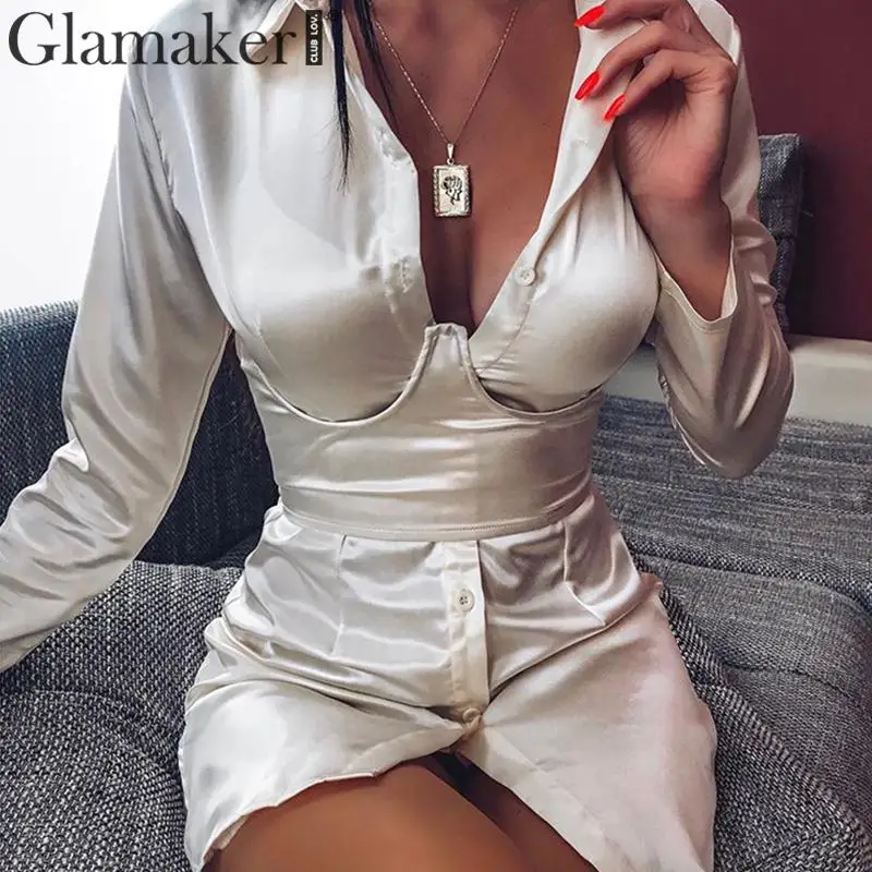 Glamaker, сексуальные короткие вечерние платья-рубашки из сатина, женское мини облегающее платье с длинным рукавом, Осеннее элегантное женское Клубное платье на шнуровке