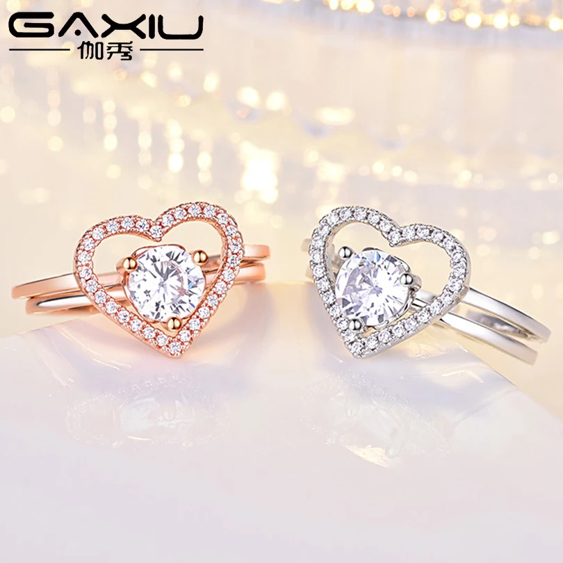 

Big Zircon Heart Open Rings For Women Gold Silver Color Adjustable Double Layer Ring Female Engagement Wedding Ring Jewelry 2019