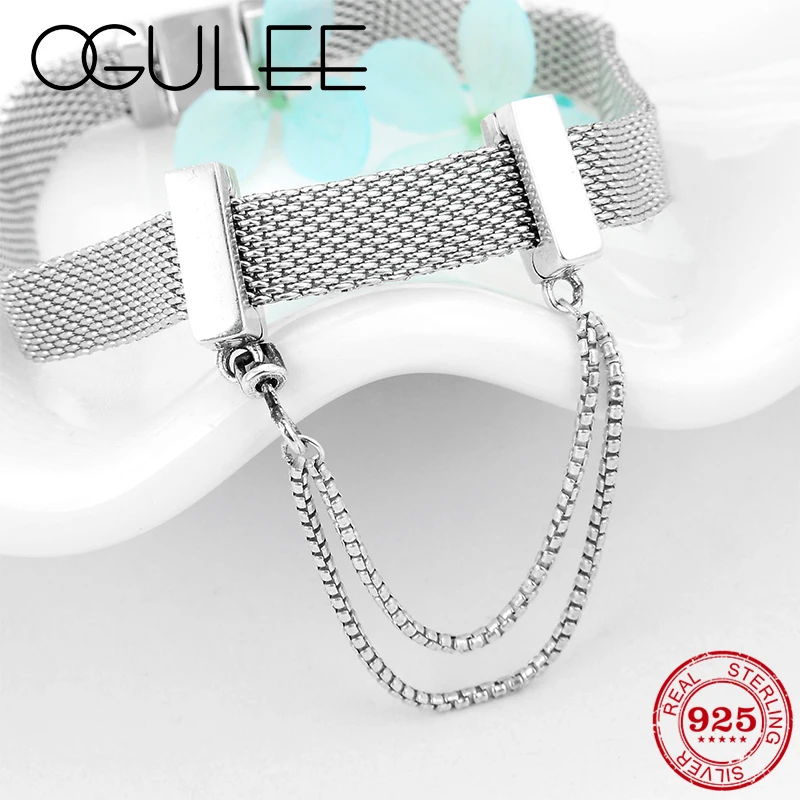 

New 925 Sterling Silver Safety chain clips beads Fit Original Bracelet reflection Charm Watch Chain Jewelry making for Women