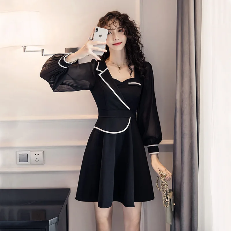 

WOMEN'S Dress 2019 New Style Suit Collar Elegant Slimming Fake Two-Piece Black And White with Pattern Dress 8671