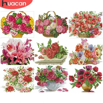 

HUACAN DIY Cross Stitch Flowers 11CT 14CT Embroidery Needlework Kits Cross-Stitch Flower Cotton Thread Home Decoration