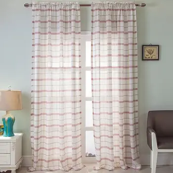 

Pastoral Style Classic Plaid Pattern Linen Textured Striped Semi Sheer Window Curtain for Kitchen Living Room Home Decoration