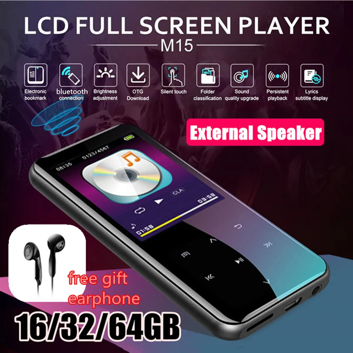 M15 bluetooth MP3 плеер с наушниками 16/32/64GB сенсорная клавиша 2,4 дюймов HD Экран музыка MP4 плеер Поддержка FM, Запись за транспортными средствами, электронная книга