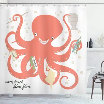 

Nautical Decor Shower Curtain by Octopus in My Bathroom Holding Sap Shampoo Toothbrush Wash Brush Bathroom Decor