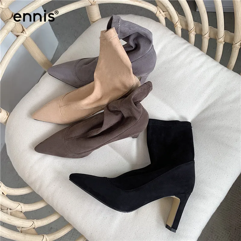 ENNIS/ г. Модные замшевые эластичные ботинки Осенняя обувь с острым носком ботинки на высоком каблуке женские зимние сапоги без застежки A9149