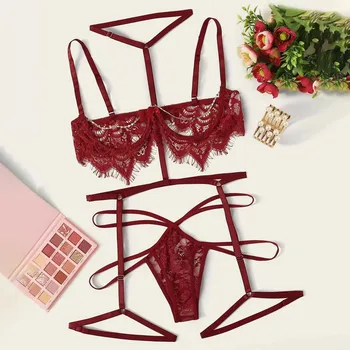 

3PC Sexy Lingerie Lace Embroidery Solid Sleeveless Ladies Underwear Set G-string Thong Temptation Female Sleepwear ropa interior