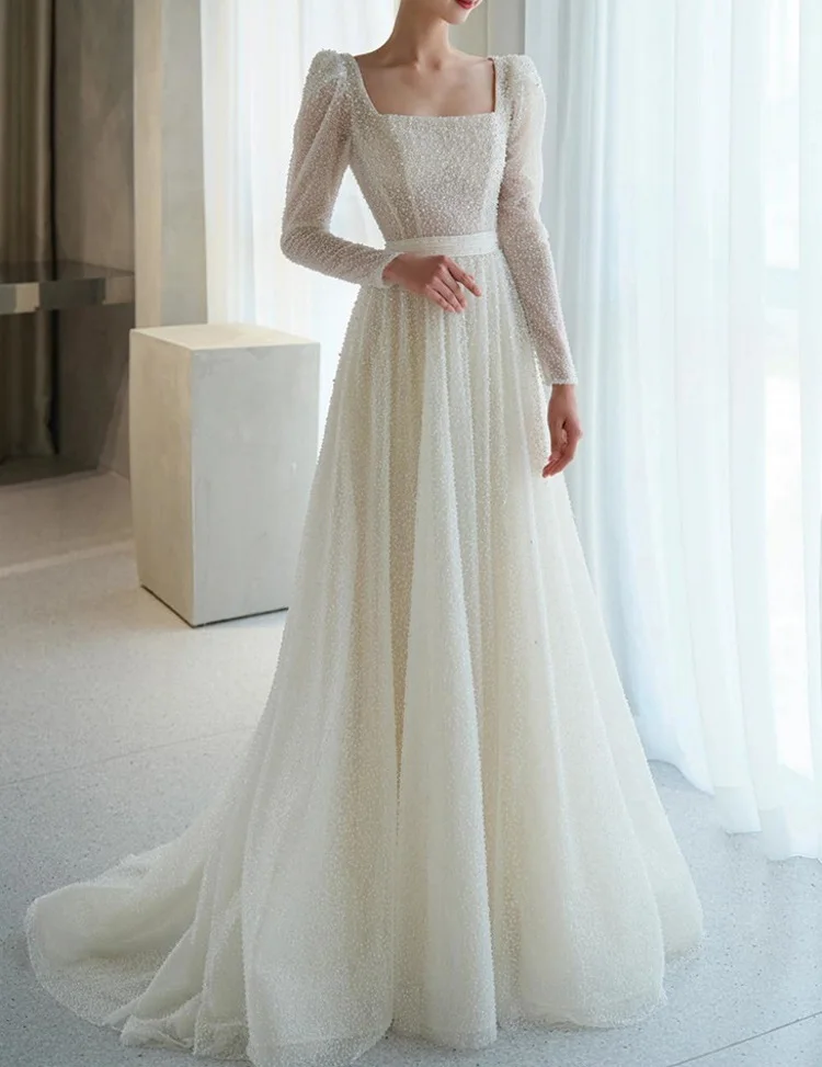 Column Square Neck Long Sleeves Sweep Train Wedding Dress