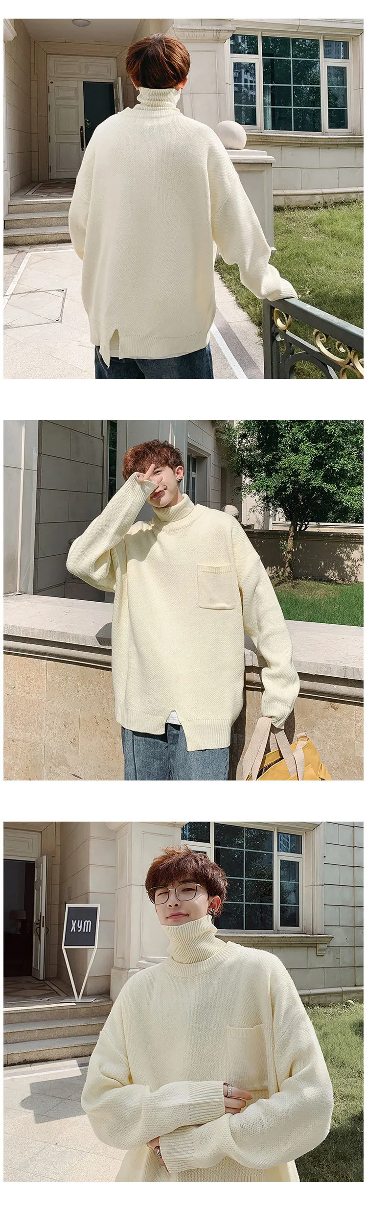 Winter High Collar Sweater Men's Warm Fashion Solid Color Casual Knit Pullover Men Loose Collar Detachable Sweater Male Clothes