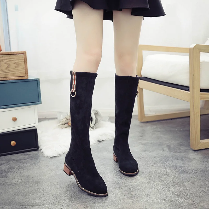 Г. Новые корейские высокие сапоги до колена пикантные замшевые сапоги с круглым носком на толстом тонком каблуке Женская обувь A199