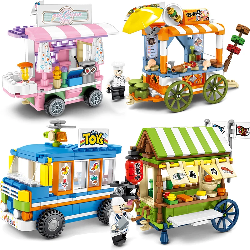 

4 IN 1 Building Blocks City Street View Mini Ice Cream Dining Food Store Car Bricks Compatible Creator Blocks Child Toy
