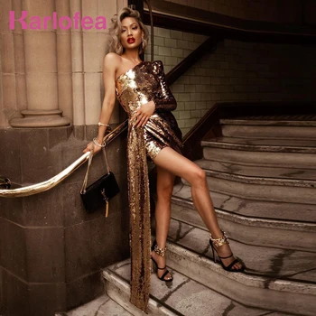

Karlofea New Lady Gold Sequined Dress Chic Sexy One Shoulder Long Sleeve Drape Wrap Vestidos Gorgeous Club Celebrity Party Dress