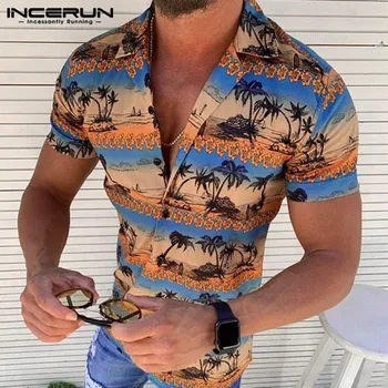 

INCERUN Summer Men Hawaiian Shirt Printed Beach Lapel Streetwear Button Fashion Camisas Hombre Short Sleeve Breathable Shirts
