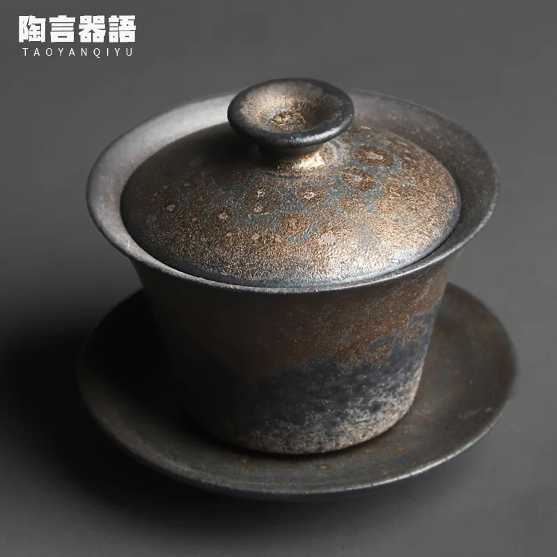 Vintage Stoneware Covered Bowl Handmade Pottery Kung Fu Tea Ceremony Wide Mouth Hand Grab Tea Bowl Set