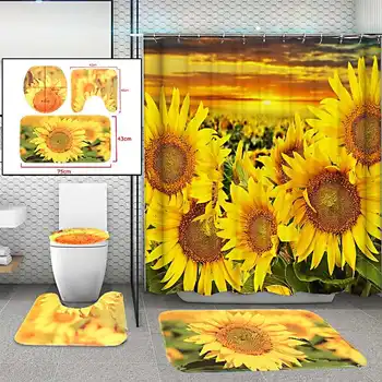 

Sunflowers Pattern 180x180cm shower curtain Non-Slip Bathroom Pedestal Lid Mat Toilet Rug Set Carpet