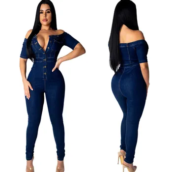 

Summer Rompers Womens Jumpsuit Denim Blue Off Shoulder Long One Piece Outfit Women Clothing Overalls Clothes Sexy Fashion 2020