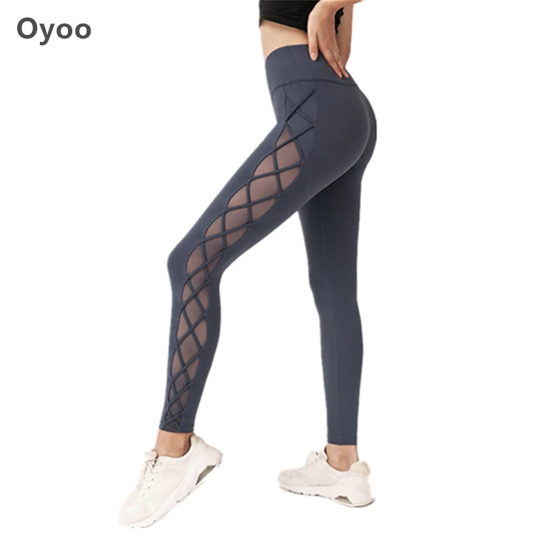 Oyoo щеткой ткани с высокой талией для йоги брюки боковые сетки Crisscorss леггинсы для фитнеса бега Femme леггинсы для тренировок и бега