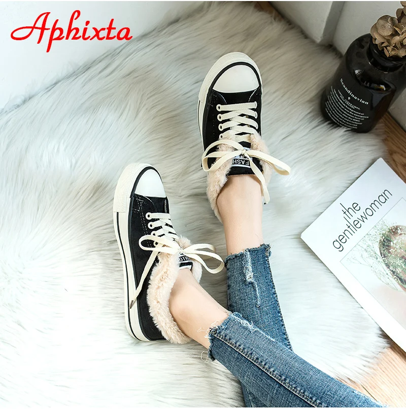 Aphixta Winter Women Flats Vulcanized Sneakers Warm Plush Shoes Woman Canvas Shoes Female Sneakers Fashion Lace Up Shoes