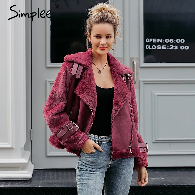 Skup Simplee Faux leather suede kurtka z futra jagnięcego płaszcz kobiety Moto zipper zamszowa kurtka kobieta płaszcz Casual skręcić w dół płaszcz zimowy 2017