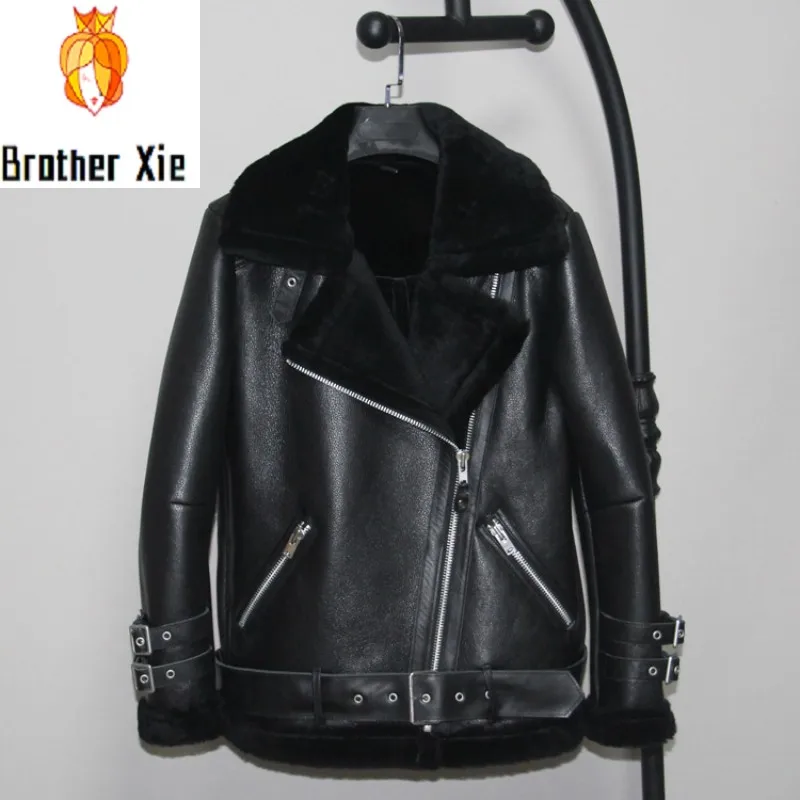 

Loose Fit Belt Biker Jacket Female Winter Thick Warm Shearling Genuine Leather Short Coat Brand Zipper Real Fur Outerwear