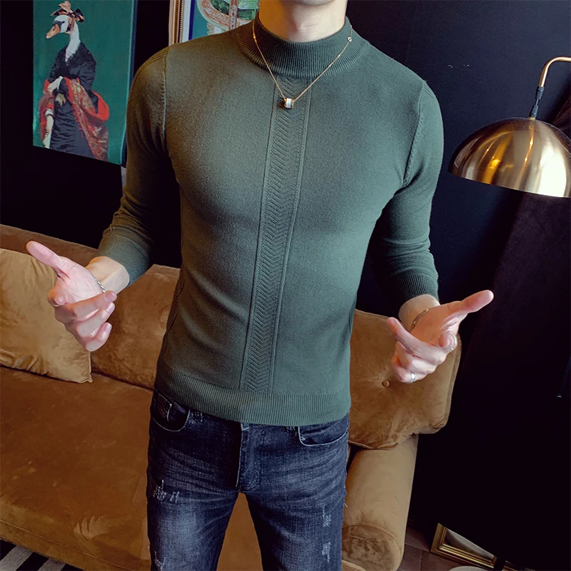 

Mens Sweaters 2019 Slim Half-neck Collar Pullover Solid Color Long-sleeve Sweater Casual Men's Knitted Tops Clothing Erkek Kazak