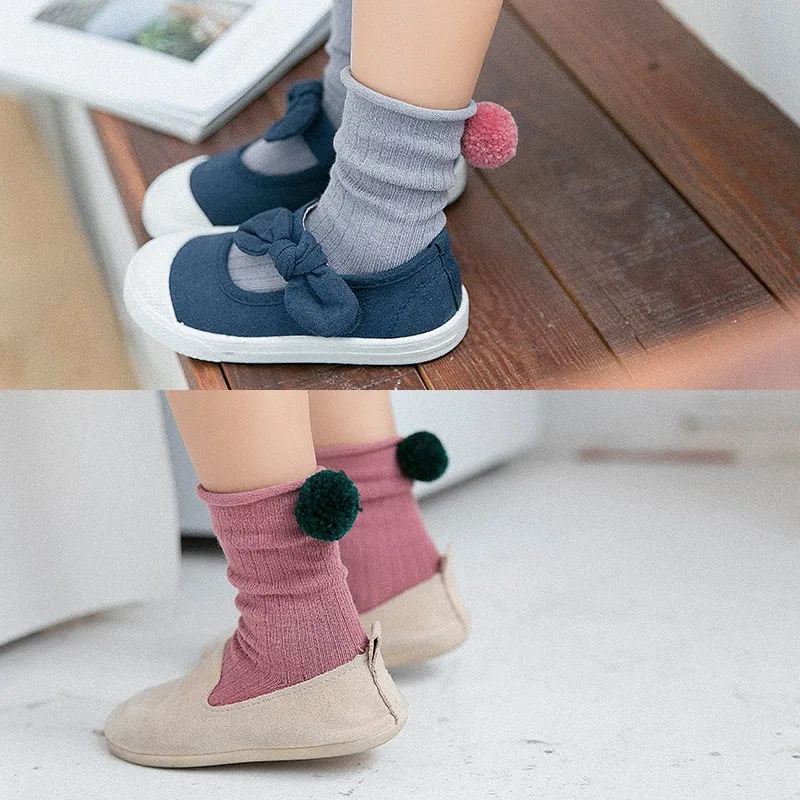 1-8T Baby Kid Girls Boys Toddler Socks Leg Cute Solid Color Hairball Cotton Knee High Socks Baby Girl