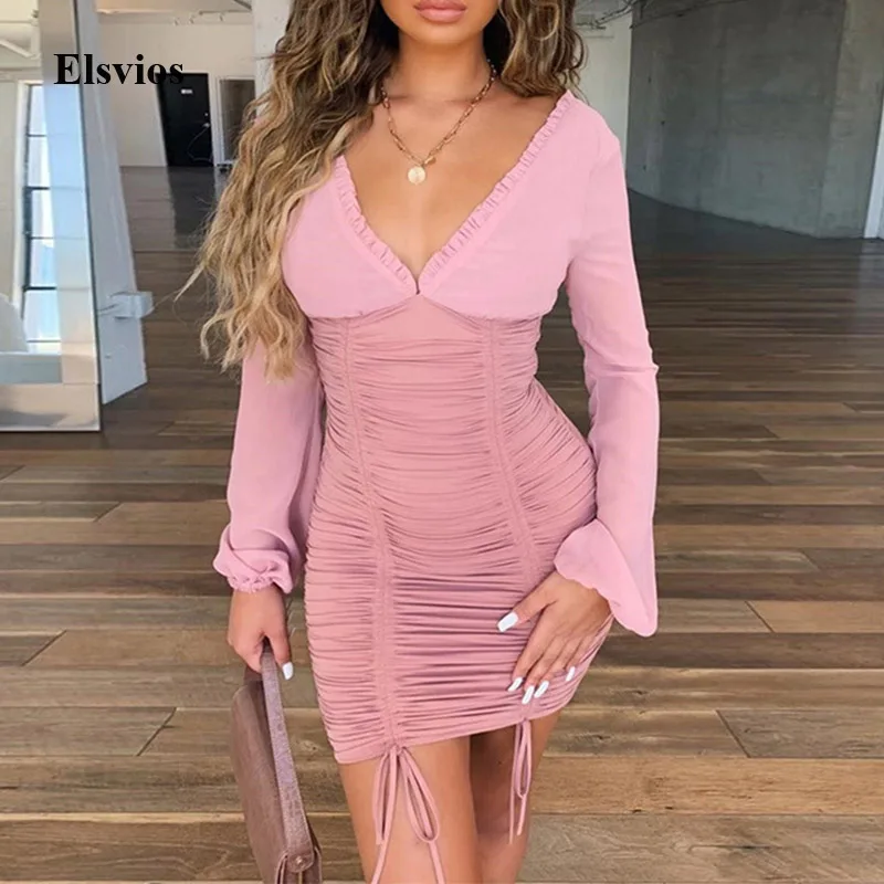 

Elsvios Sexy Ruffle V-Neck Bodycon Dress Women Lace Up Draped Mini Dress Autumn Chiffon Long Sleeve Party Short Dress Vestidos