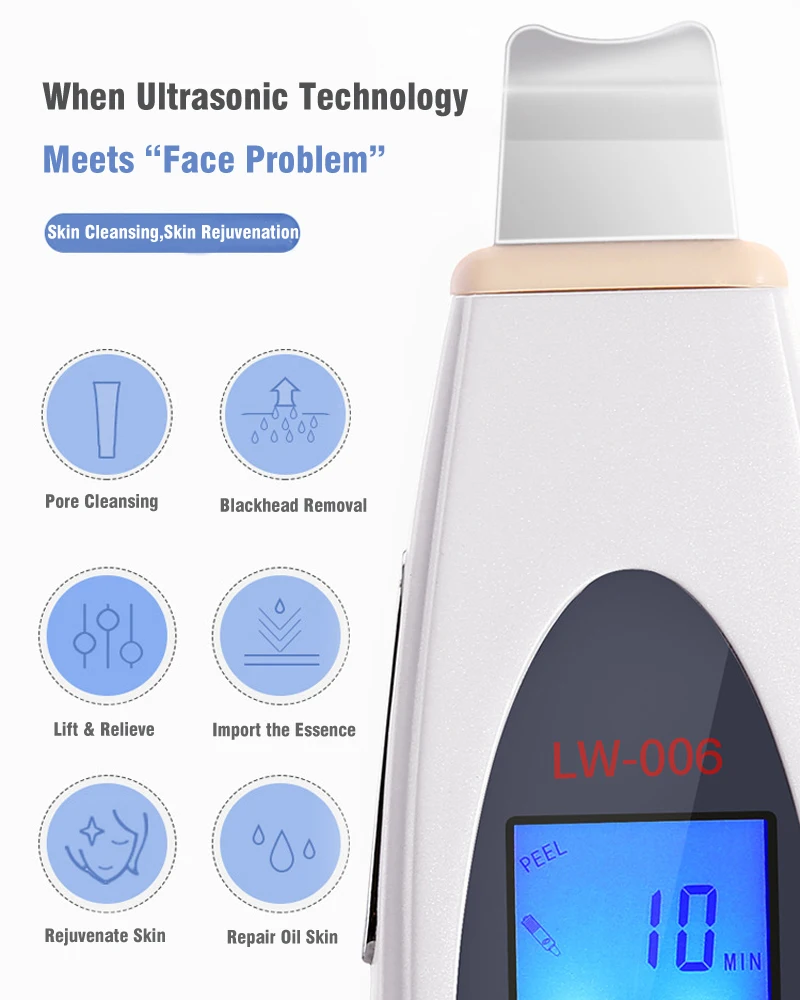 Ultrasonic Skin Scrubber Facial Pore Cleaner Deep Face Cleansing Massager Remove Blackhead Sonic Peeling Clean Tone Lift LW006
