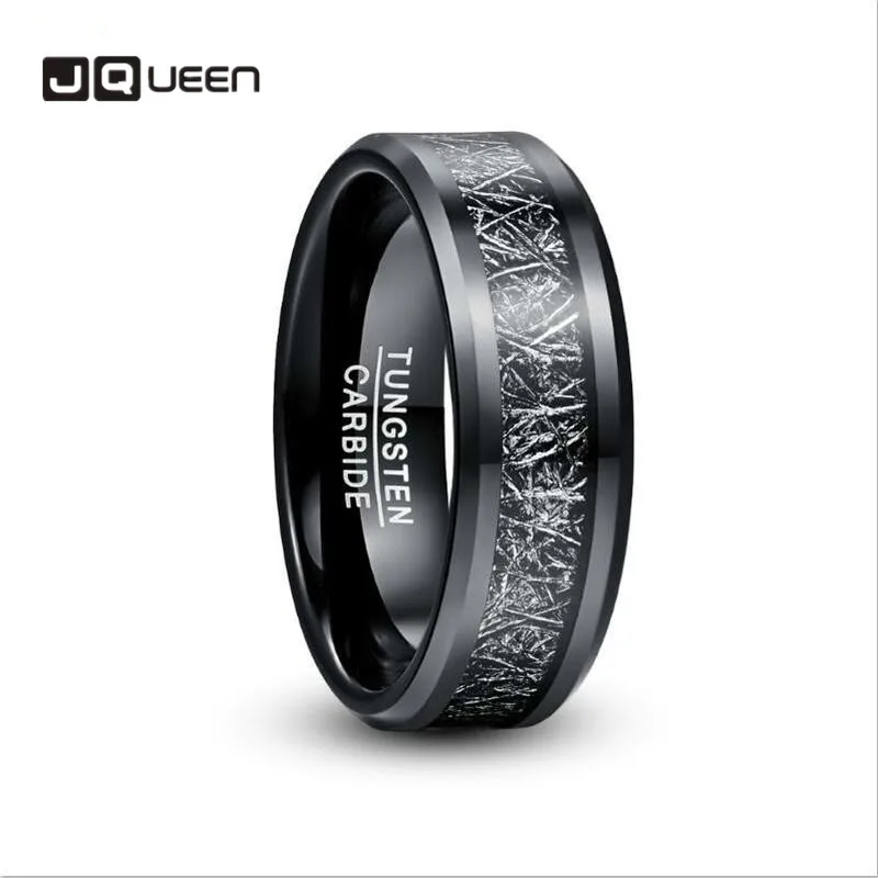 Anello Da Uomo In Carburo Di Tungsteno Jqueen 8Mm Placcato Nero Intarsiato Nero Imitazione Vermiculite Fede Nuziale Anello In Tungsteno