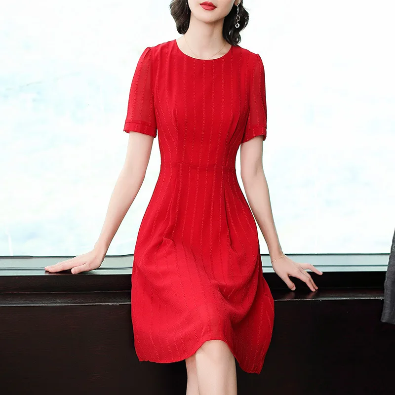 

Ozhouzhan 2019 Summer Elegant Waist Hugging French Non-mainstream Red Chiffon Dress Women's Stripe Short Sleeve A- line Skirt