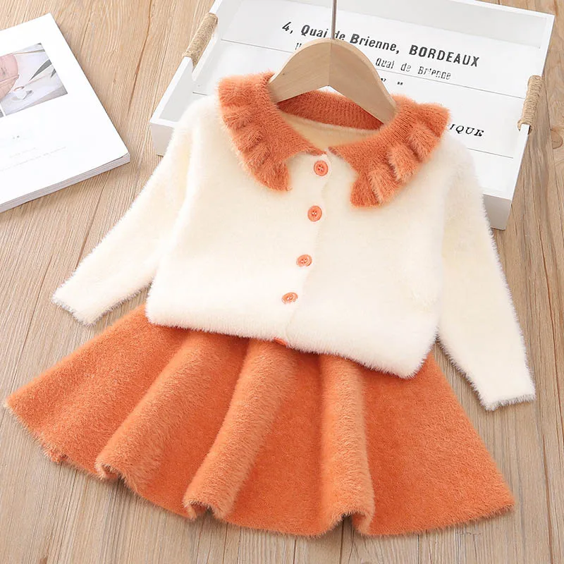 Bear leader/платье для девочек г. Зимнее платье с геометрическим узором одежда с длинными рукавами для девочек топ, пальто+ платье-пачка, свитер вязаная одежда, 2 шт - Цвет: Orange ax1245