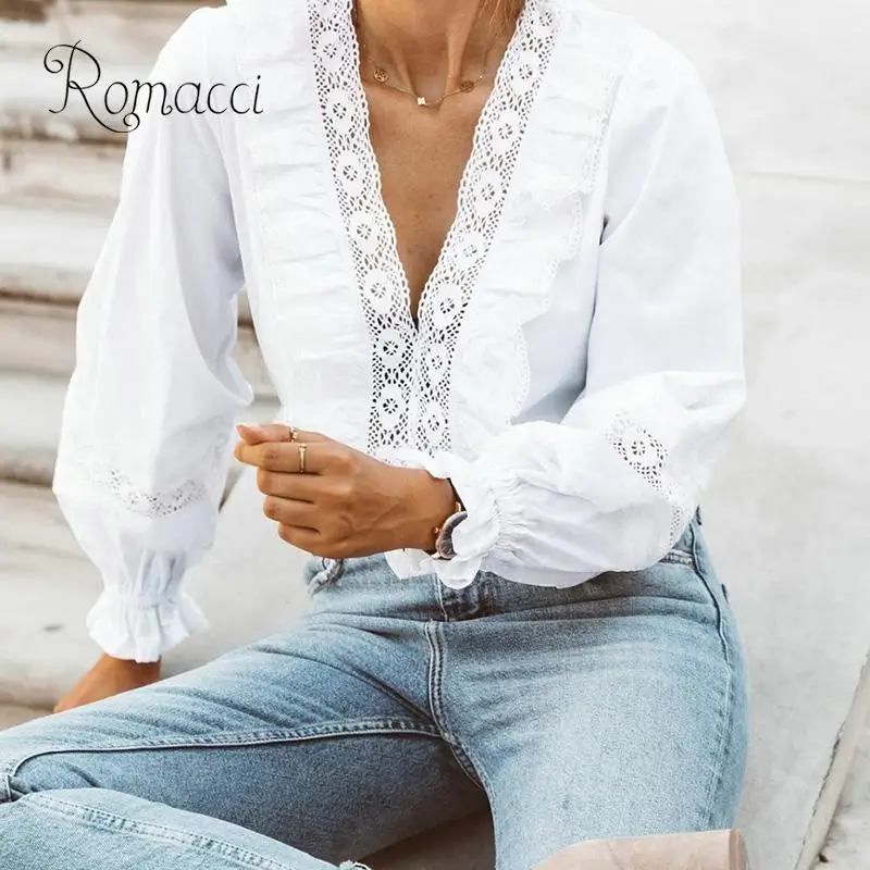 Women Blouse Crochet Lace Blouse Elegant Women Deep V Neckline Flare Sleeve Hollow Out Ruffle Sexy Tops Pure Blouses Woman 2019
