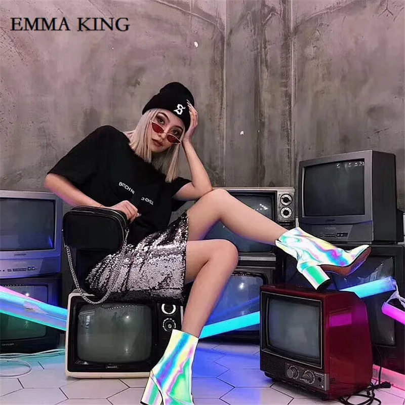 Emma king/удобные блестящие кожаные ботильоны; Feminina; Роскошная обувь на высоком каблуке; Botas Mujer Feminina; ботильоны на толстом каблуке для вечеринки
