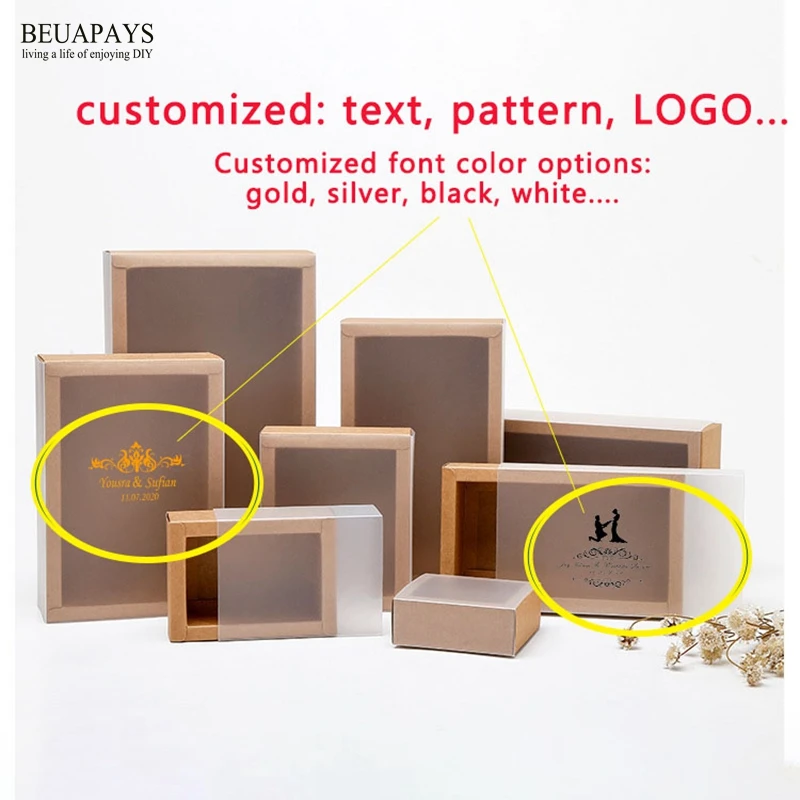 

50pcs customized Frosted transparent cover Kraft carton box DIY wedding baby shower birthday festival christmas gift candy box