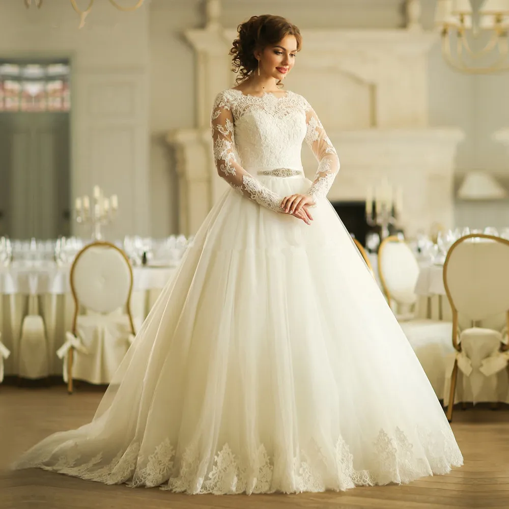 

Lace Long Sleeve Oriental Lace Up Back Plus Size Ball Gown Country Vestido de Noiva 2018 bridal gown mother of the bride dresses