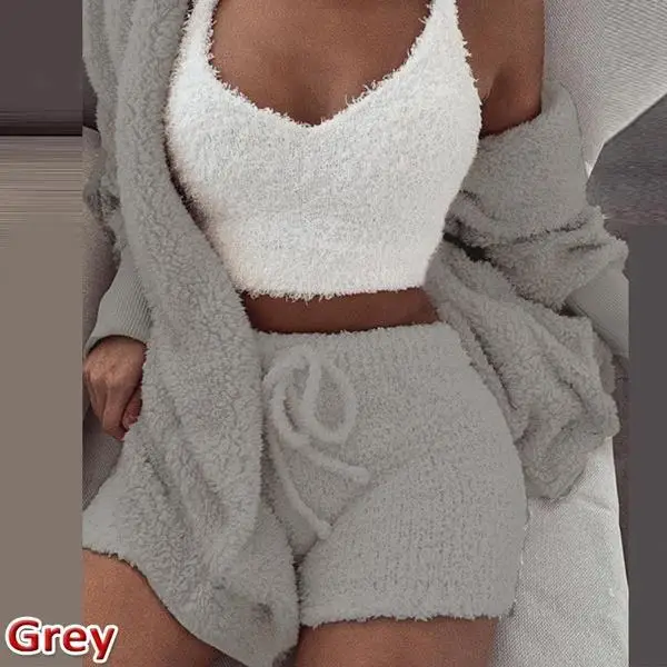 Модный женский зимний пижамный комплект, однотонный плюшевый Халат с капюшоном+ шорты, одежда для сна, 2 шт