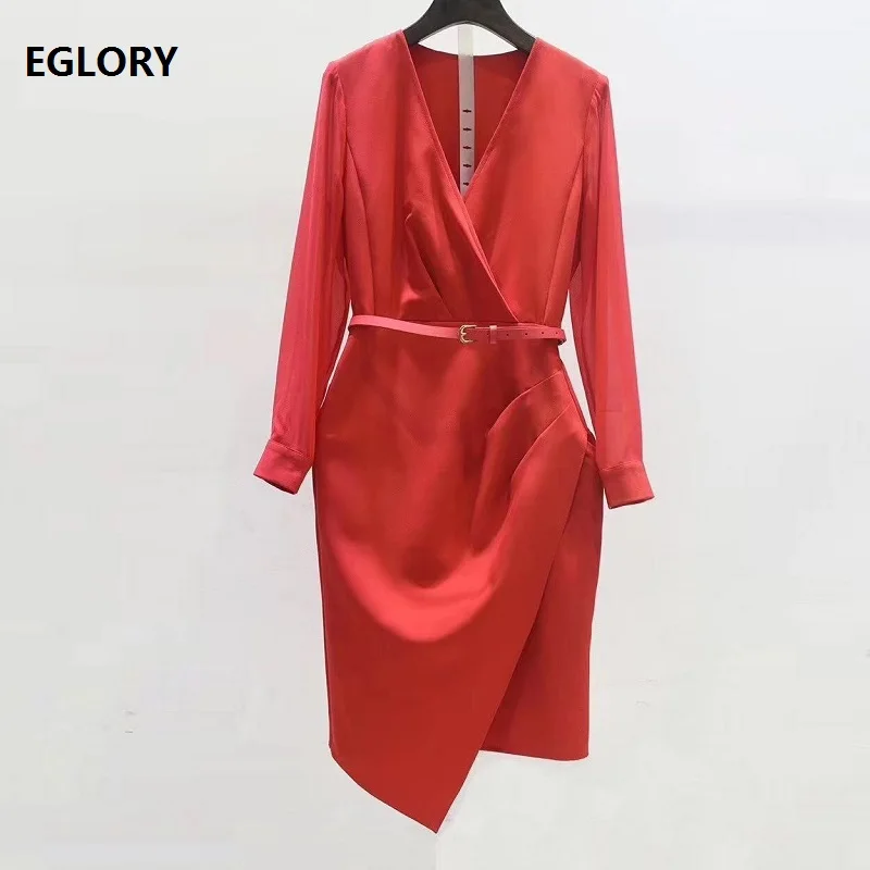 

Elegant Work Dress 2019 Autumn Fashion Women Sexy V-Neck Long Sleeve Bodycon Asymmetrical Pencil Dress Orange Red Black Color