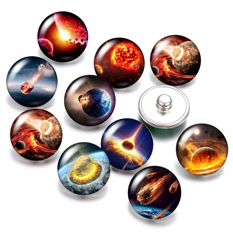 

Outer space Earth Planet aerolite 18mm snap buttons 10pcs mixed round photo glass cabochon style for snap button jewelry