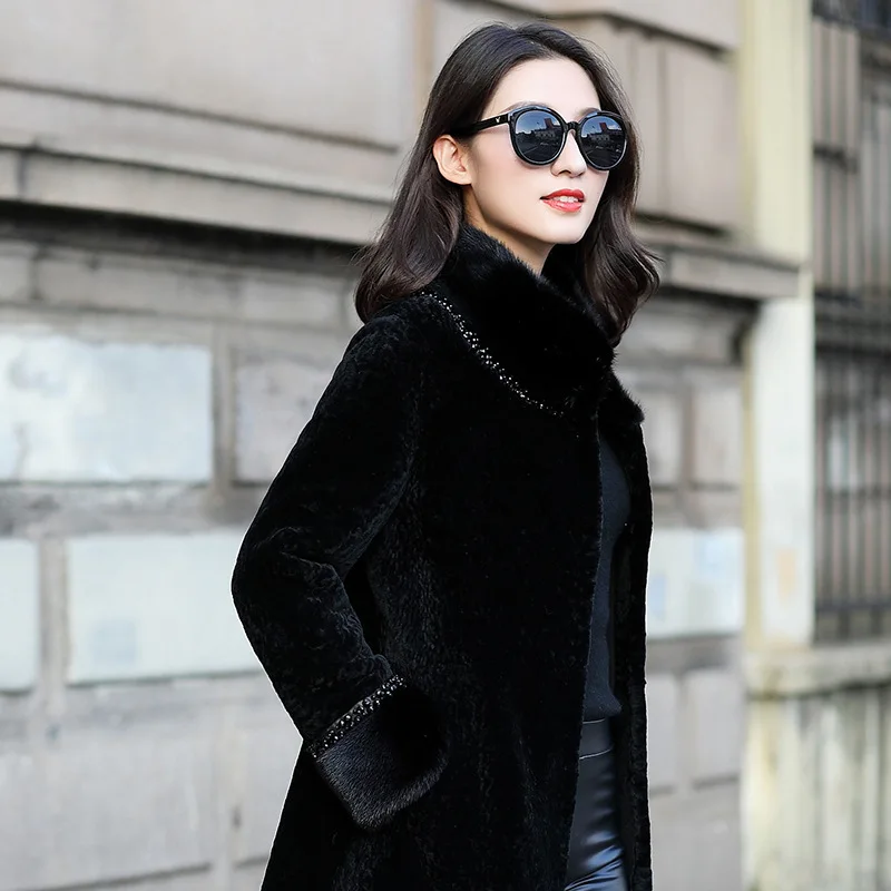 2020 New Real Fur Coat Women Winter Sheep Shearling Jacket Mink Collar Long Luxury Coats and Jackets ZM-18721 | Женская одежда