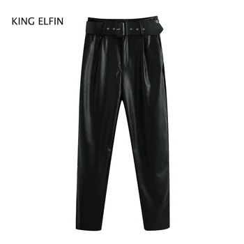 

KING ELFIN fashion Za trousers women 2020 autumn casual slim high waist with belt imitation leather black feet pants female