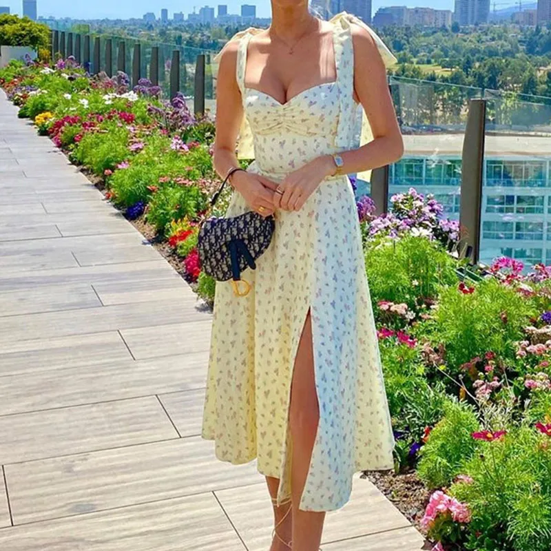 Summer Spring Floral Dress Women's Sexy Casual Fashion Sundress Midi Slip Backless Pleated Slit White Yellow Lace-up Flowers