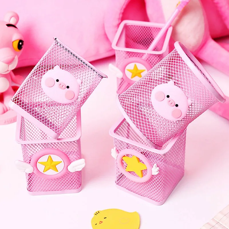 

1 Pcs Cute Pink Little Pig Hollow Square Round Metal Pen Holders Storage Organizer Stand Ruler Pencil Holder Desk Stationery