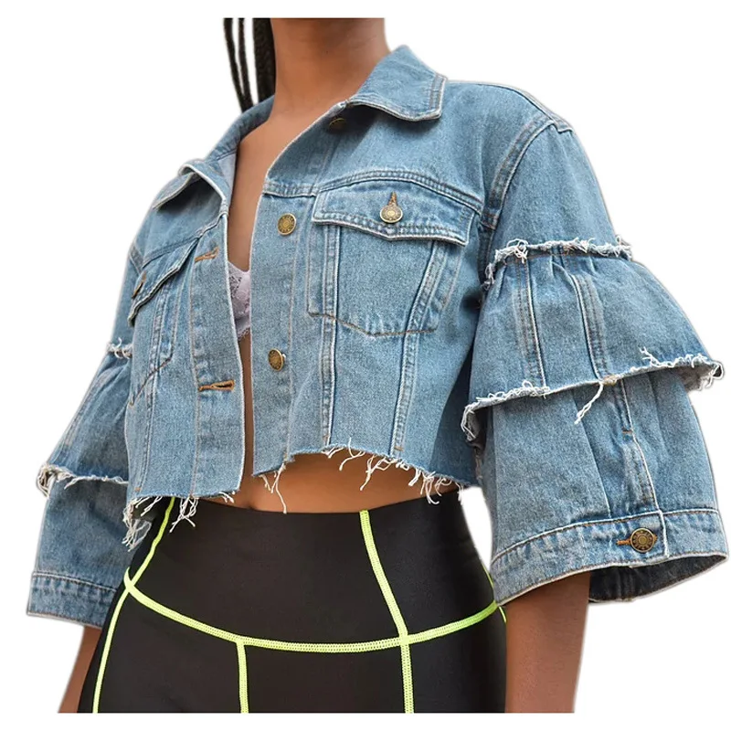 

Denium Jacket Women Coats and Jackets 2019 Women Autumn Button Up Flare Three Quarter Sleeve Denim High Street Jean Jacket Coat