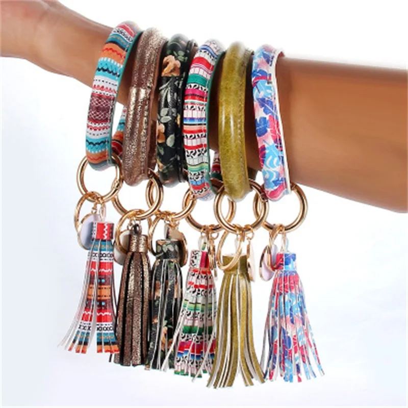 ZG New PU Leather O Bracelet KeyChains Circle Cute Same Color Tassel Wristlet Keychain Wholesale Women Girls