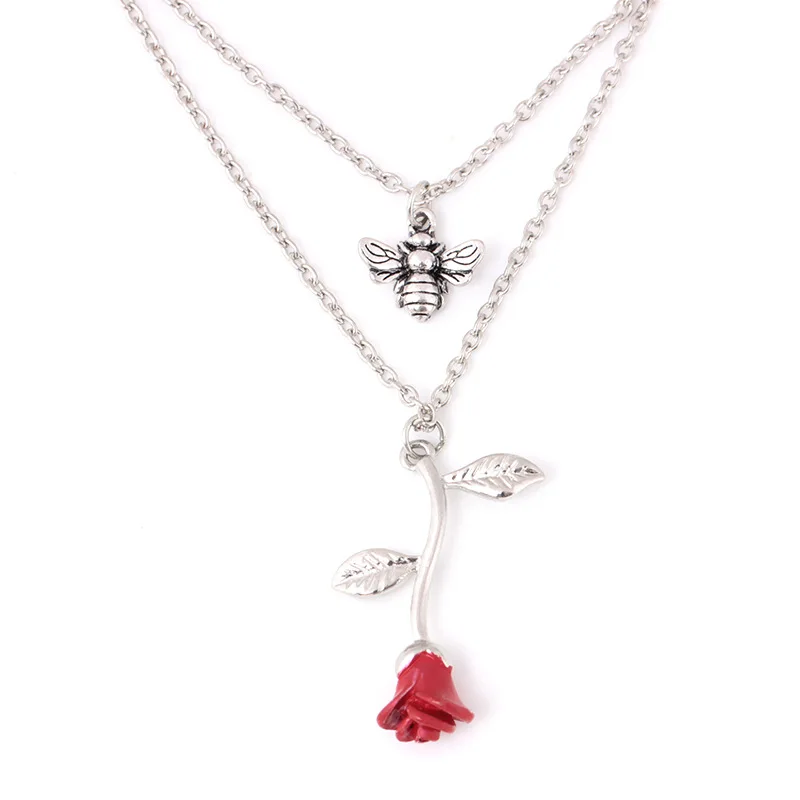 red multilayer Массивное ожерелье с подвеской в виде розы из сплава, 4 цвета, Женские Ювелирные аксессуары, Золотая цепочка, ожерелье для женщин, подарок на день памяти - Окраска металла: red multilayer