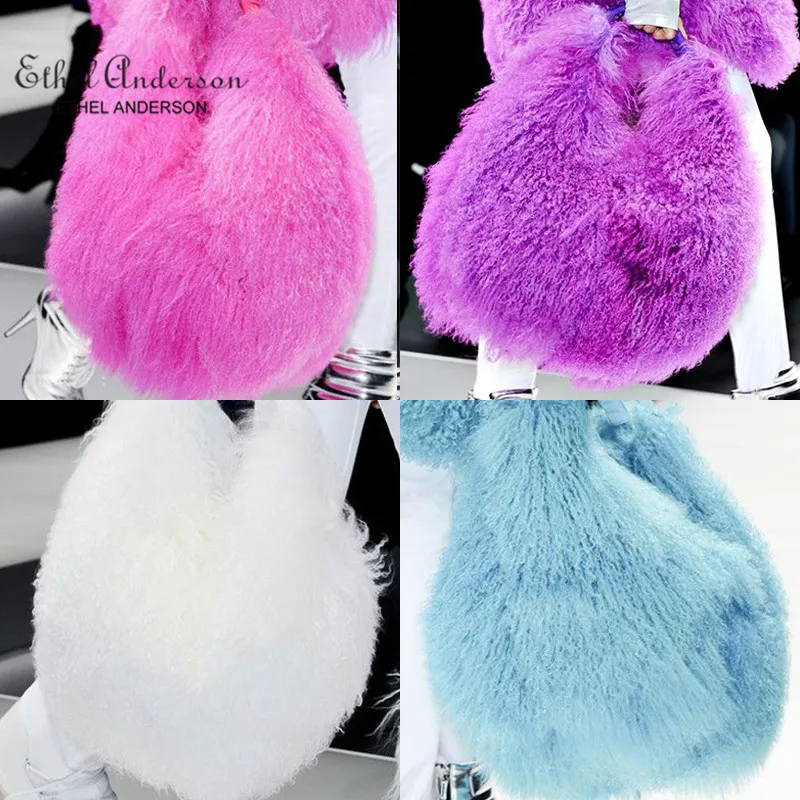 Ethel Anderson Women's Real Mongolia Fur Handbags Lamb Fur Totes Bag Man-made Shoulder Bag Lady Simple Style Hand Bags