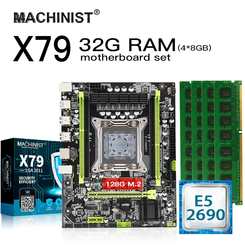 ^*Best Offers X79 motherboard set lga 2011 kit with Intel Xeon E5 2690 CPU 4*8GB（32GB） 1600MHz DDR3 ECC REG memory RAM MATX NVME M.2 128GB SSD
