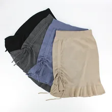 Осенне-зимние женские юбки на шнуровке, пикантная шерстяная вязаная мини-юбка карандаш, однотонная женская эластичная юбка