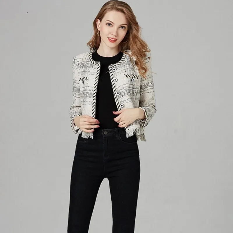 

Women 2020 Autumn New Tassels Fringed Tweed Jacket Short Slim Fit Office Ladies O Neck Long Sleeve Spliced Twill Party Coat