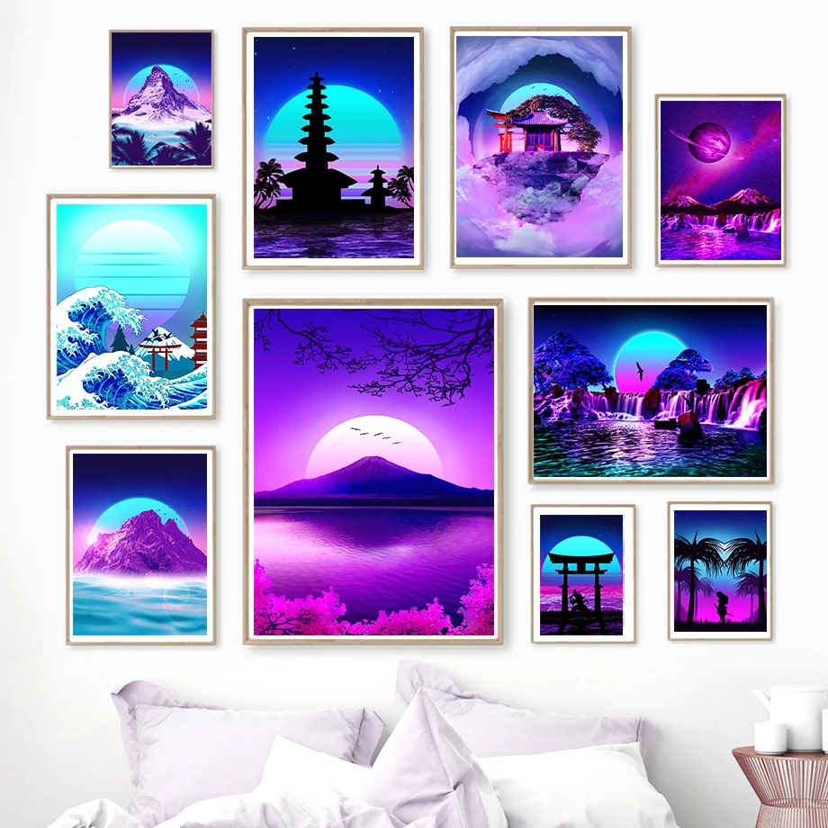 Retro 80s Vaporwave Poster Neon Samurai Wave Mount Fuji Moon Painting Japan Wall Art Decoration Kawaii Room Decor Canvas Posters Painting Calligraphy Aliexpress