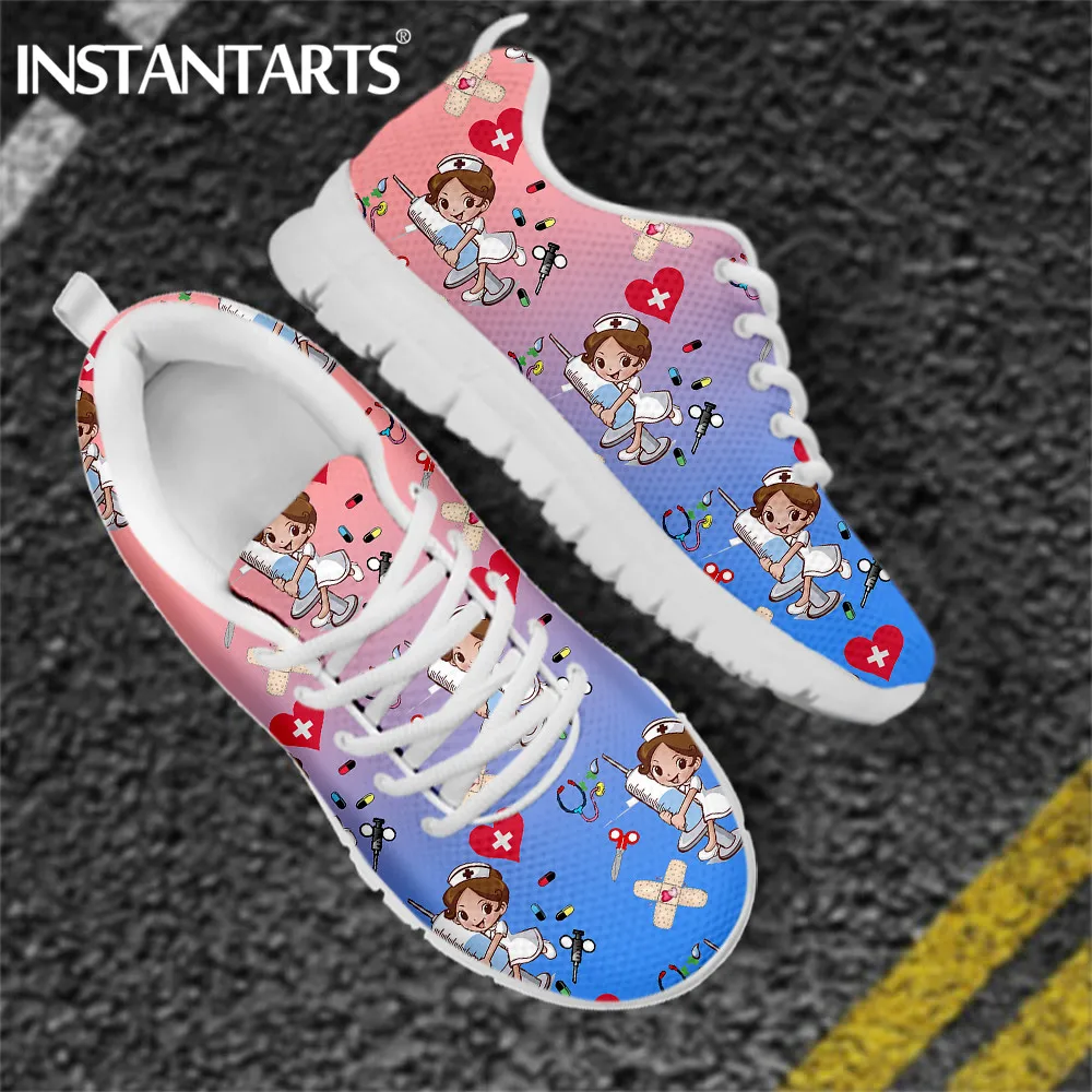 clear ballet flats shoes INSTANTARTS Gradient Nurse Shoes Women Breathable Sneakers Lovely Cartoon Nursing Print Casual Lightweight Flat Lace Up Footwear embellished bow heeled slingbacks	 Flats